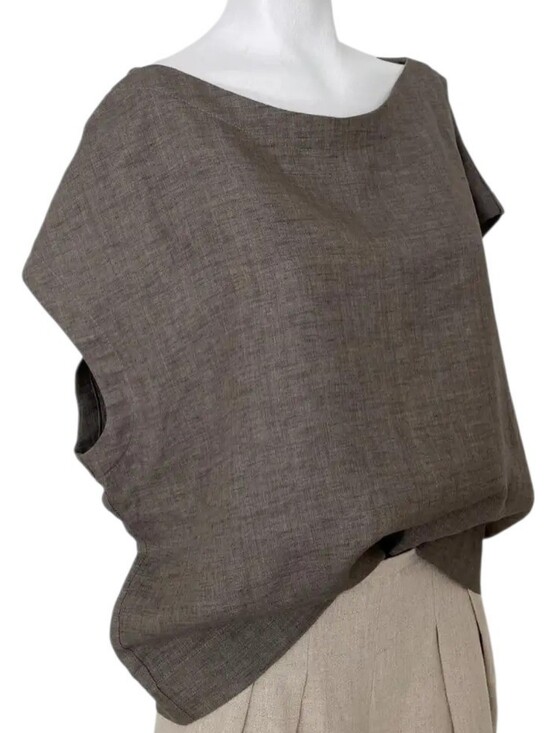 Hoi Bo Tops - Hoi Bo Linen Jewel Neck Top Grey Womens Medium Lightweight Boxy Minimalist
